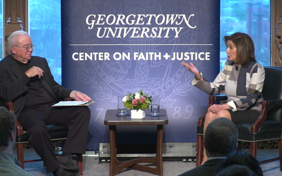Former U.S. House Speaker Nancy Pelosi speaks to the Rev. Jim Wallis, director of the Georgetown University Center on Faith and Justice, March 23, as part of an inaugural conversation in the new series Higher Calling, where political leaders and public servants will speak about the role of faith and ethics in their lives. (NCR screenshot)